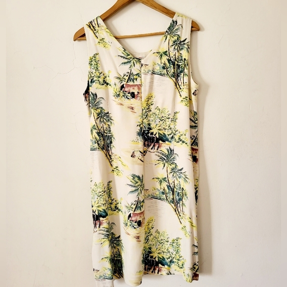 Tiki Classics 100% Silk Summer Dress Beige Palm Tree and Canoe Print Size L - Picture 2 of 8